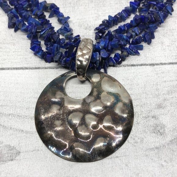 VINTAGE Lapis Lazuli Sterling Silver Pendant Statement Necklace Signed - Picture 3 of 7